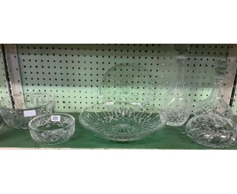 3 CUT GLASS FRUIT BOWLS, 2 CUT GLASS DECANTERS, PLATTER ETC