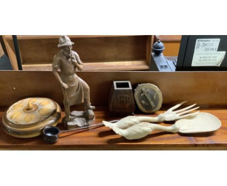 TREEN CIRCULAR BOX, FIGURE OF A MAN, SALAD SERVERS, LADLE, PLAQUE &amp; VASE