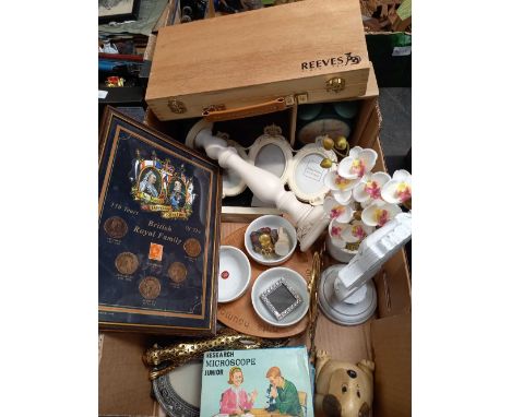CARTON WITH F/G PICTURE, 150 YEARS OF BRITISH ROYAL FAMILY IN COINS, ALARM CLOCK, PHOTO FRAMES, CANDLESTICKS &amp; WOODEN BOX