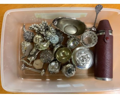 CARTON OF PLATEDWARE WITH SPIRIT FLASK, SILVER TEETHING RING, ORNAMENTS, CLOCKS ETC