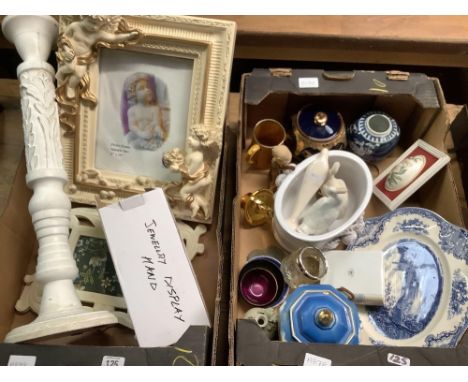 2 CARTONS OF MIXED CHINA, CHERUB PICTURE FRAME, TALL CANDLESTICK HOLDER, PLATES, BISCUIT BARREL &amp; OTHER CHINAWARE