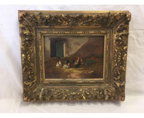 A GOOD 19THC OIL PAINTING ON WOOD PANEL OF COCKEREL AND HENS IN A FARMYARD, SIGNED FROMENT LOWER RIGHT, WITH DETAILS ON REVER