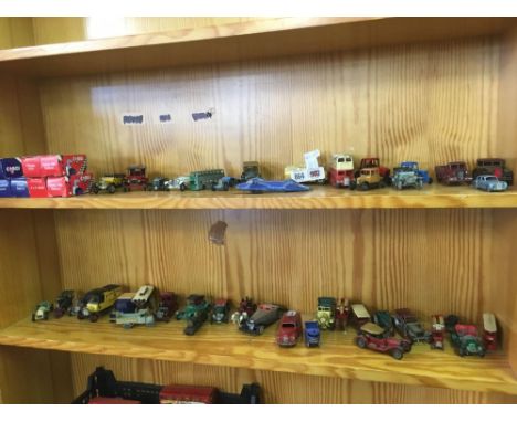 2 SHELVES OF VINTAGE PLAY WORN CARS &amp; 8 VARIOUS CARS IN BOXES