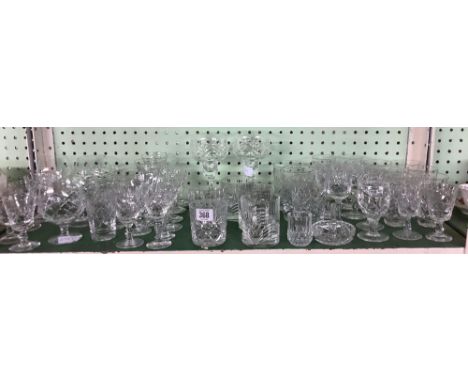 SHELF OF CUT GLASS WINE GLASSES, BRANDY GOBLETS, SHERRY &amp; PORT GLASSES, WHISKY TUMBLERS ETC