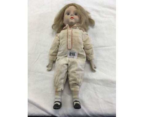 VINTAGE PORCELAIN DOLL APPROX 12" HIGH IN JUMP SUIT