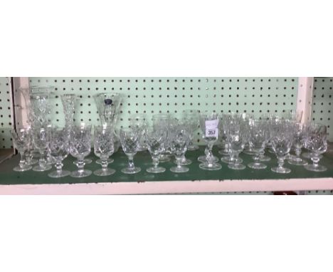 SHELF OF CRYSTAL GLASSWARE INCL MANY SHERRY/PORT GLASSES &amp; 3 VASES