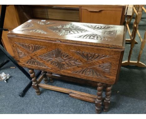 OAK GATE LEG TABLE WITH CARVED TOP &amp; BARLEY TWIST LEGS