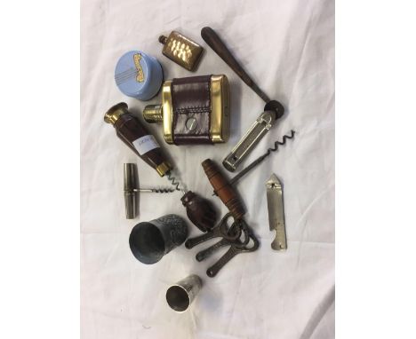 CUPS &amp; FLASKS, NOVELTY CORKSCREW &amp; 2 OTHERS, 5 BOTTLE OPENERS &amp; LADLE 