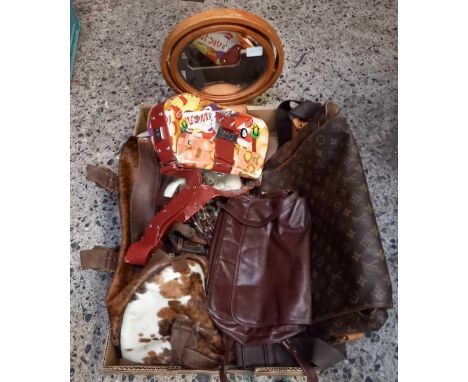 CARTON WITH USED SHOULDER BAGS &amp; A PINE SWIVEL MIRROR