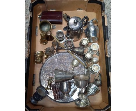 CARTON WITH MISC PLATEDWARE  INCL; TRAY, CANDLESTICKS, HIP FLASK, JUGS &amp; COFFEE POT