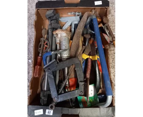 CARTON OF MISC HAND TOOLS INCL; AXLE JACKS,SAWS, HAND DRILLS