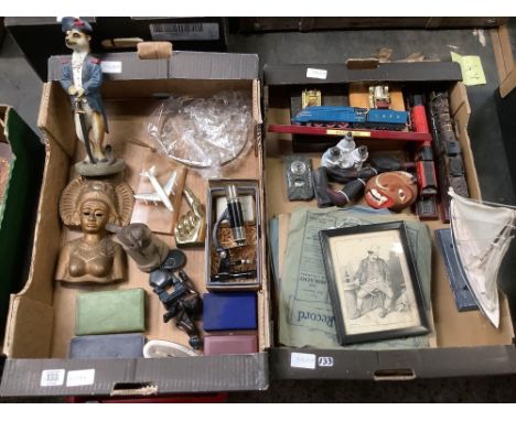 2 CARTONS OF MIXED BRIC-A-BRAC INCL; VARIOUS VINTAGE MONEY BOXES, MEERKAT STATUE, SMALL MICROSCOPE, FIGURINES, RAILWAY ENGINE
