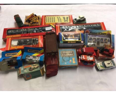 CARTON OF BOXED CORGI, MATCHBOX TOYS, HORNBY RAILWAY ENGINE, COACHES &amp; SOME TRACK