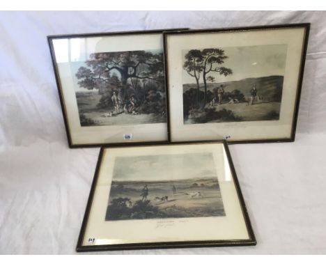 3 ANTIQUE COLOURED ENGRAVINGS, SHOOTING BY D WOLSTENHOLME, PUBLISHED BY R ACKERMANN MAY 1823, OLD GALLERY LABELS FROM KINGS R