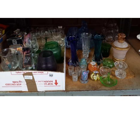 CARTON OF DRINKING GLASSES &amp; SHELF WITH VASES, LAMP SHADE, PUNCH BOWL &amp; PAPERWEIGHTS 