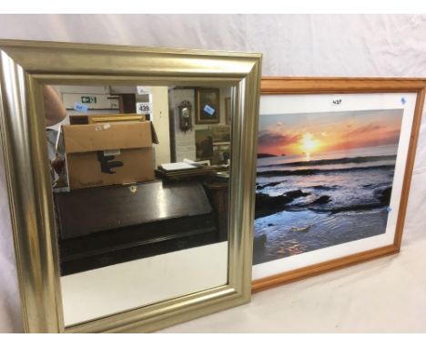 MODERN FRAMED MIRROR &amp; A LARGE FRAMED PHOTO OF SUNRISE OVER TORBAY