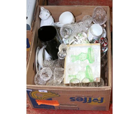 A good box of miscellaneous ceramics and Stuart crystal to include decanter, drinking glasses, Madina mushroom shaped paperwe