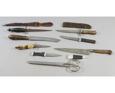 A small box of old knives including hunting knives one with hoof handles made in Sheffield, a Scottish sgian dubh.