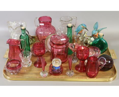 A tray of glassware to include Victorian cranberry examples, Caithness paperweight, coloured glass bottles and Leonardo compo