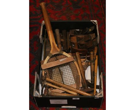 A box of vintage joiners tools and collectables including Coopers planes, various sized hammers, tennis racket etc.