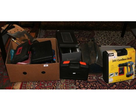 A collection of tools to include three tier tool case, Rolson 24 volt cordless drill, Challenge electric screw driver, steel 