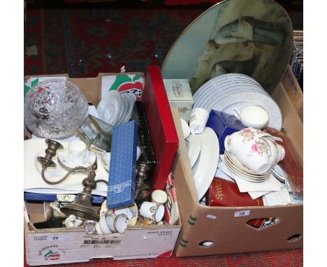 Two boxes of miscellaneous ceramics, glass and collectables including Windsor china, silver plate and Spode etc.
