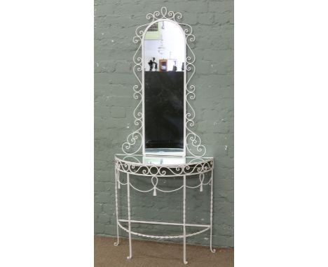 A painted white wrought iron console table with mirror back and top.