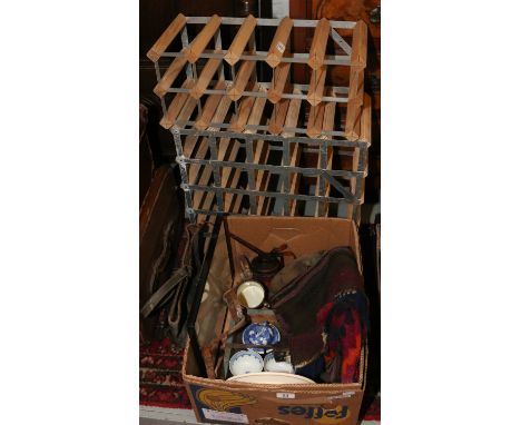 A box of miscellaneous and two galvanized metal and wood wine racks including two oil cans, tool tray, two blue and white bow