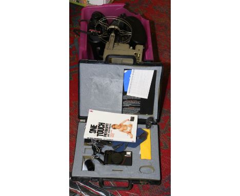 A box of four cameras along with two binoculars and projector.