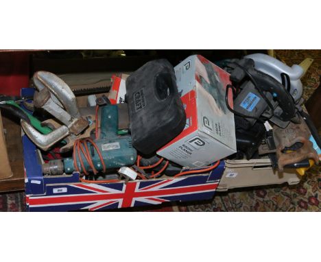 Two boxes of various power tools and hand tools including hammer drill, sanders, saws etc.