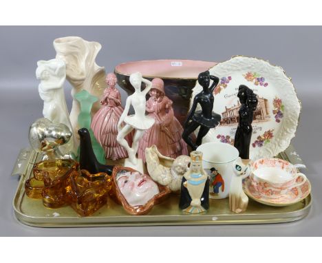 A tray of collectable ceramics including Beswick, two Ferrybridge figures, an early C20th plate, advertising clown Co-operati