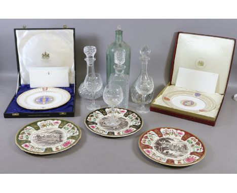 A collection of decorative items to include three cut glass decanters, two Spode cased collectors plates, drinking glasses, t