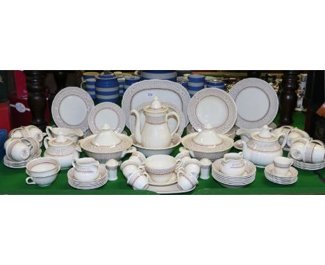A comprehensive Masons Ironstone tea/coffee/dinner service decorated in the ash leaf pattern to include coffee pot, tureens, 