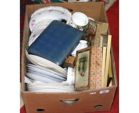 A box of miscellaneous to include Heathcote and Sons tea service decorated with flowers childrens picture building blocks fra