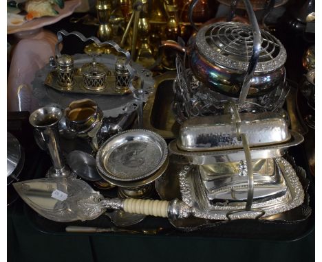 A Tray of Silver Plate to Include 19th Century Ivory Serving Trowel, Butter Dishes, Vases, Rose Bowl etc 