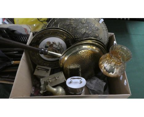 A Box Containing Various Brass Plaques, Brass Bed Warming Pan, Three Carriage Clocks, Brass Vase and Candle Stick 