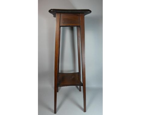 An Edwardian Inlaid Mahogany Two Tier Jardiniere Stand of Tapering Form with Shaped Square Top and Stretcher Shelf, 96cm High