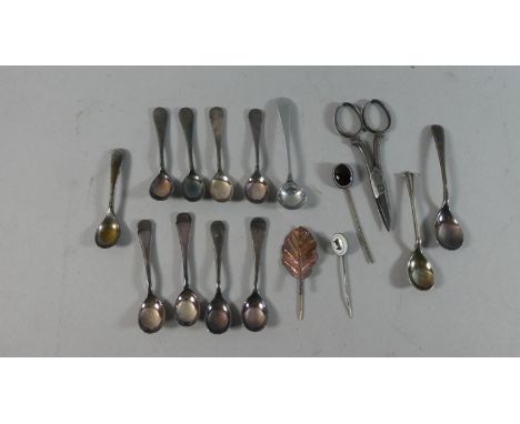 A Collection of Silver Plated Mustard and Salt Spoons Including One with War Department Stamp, Scissors etc 