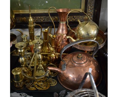 A Tray Containing Various Copper and Brass Items to Include Kettles, Candle Sticks, Horse Brasses, Miniature Miners Lamp etc 