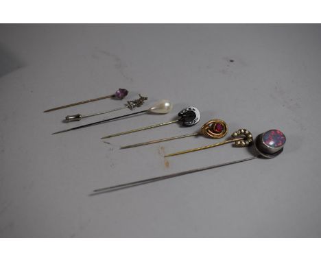 A Collection of Seven Edwardian Hat Pins to Include Foil Back Opal, Jet, Gilt Metal and Paste Stone Examples 