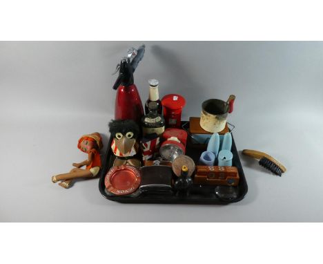 A Tray of Curios to Include Two Hip Flasks, Advertising Ashtray, Post Box Money Box, Butter Dish and Cruet, Desk Calendar Etc