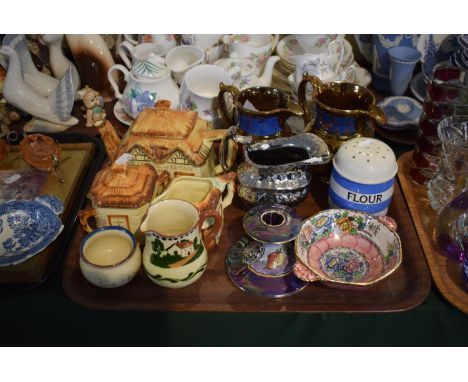 A Tray of Ceramics to Include Cottage Ware Tea Service, Treacle Glazed and Silver Lustre Jugs, TG Green Flower Sifter, Maling