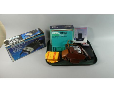 A Tray Containing Vintage Ferguson Cassette Recorder, 8mm Cine Camera, Leather Cased Agfa Camera with Light Meter, Binoculars