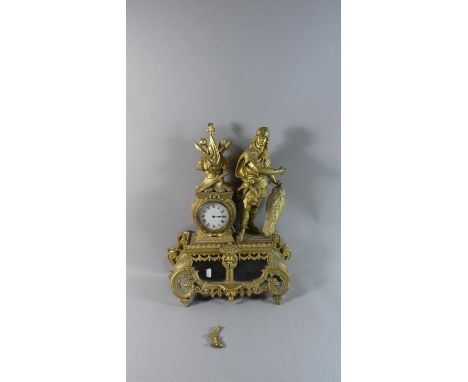 A Large Figural Gilt Painted Spelter Figural Mantle Clock for Full Restoration, Warrior Figure Detached, 53cm High 