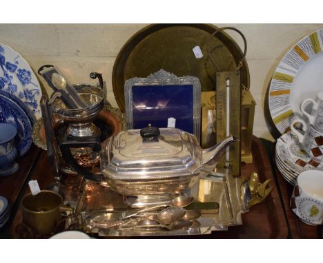 A Tray of Metal Wares to Include Silver Plated Teapot, Art Deco Tray, Brass Jam Thermometer, Bird Letter Clip, Two Handled Tr