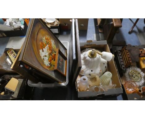A Box of Various Pictures and Prints Together with a Box Containing Ceramic and Glass Light Shades, Rise and Fall Lamp etc 