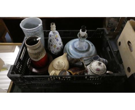 A Tray Containing Mid 20th Century Ceramic Table Lamps, Teapots, German Vase etc 