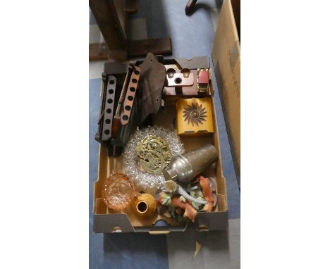 A Box Containing Various Treenware to Include Pipe Racks, Cigarette Boxes, Silver Plate Cocktail Shaker, Horse Brasses etc 