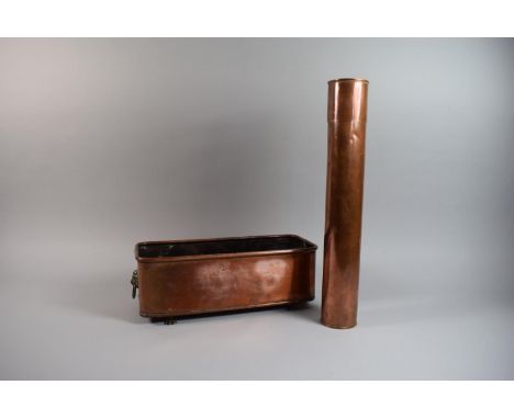 A Copper Cylindrical Lidded Tubular Map Case, 40cm High Together with a Copper Planter Trough with Lion Mask Handles, 34cm Wi