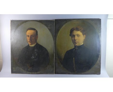 A Pair of Mounted but Unframed Oil on Canvas Portraits of 19th Century Husband and Wide Signed Renault Leghorn, Each 67cm x 5